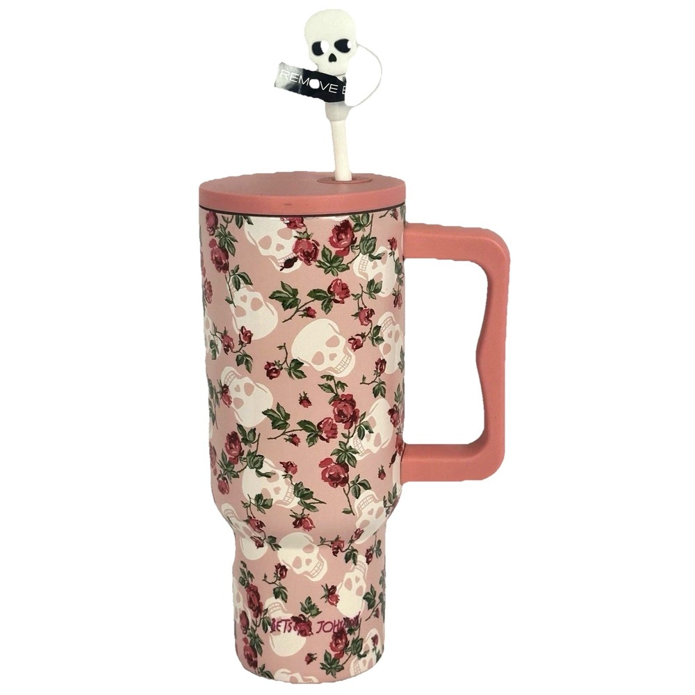 Betsey Johnson Skull Rose Pink 30oz Tumbler Handle Straw Insulated